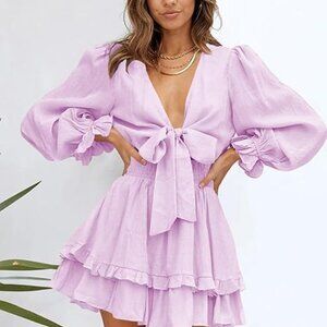Fall Tie Front Long Sleeve Mini Dress